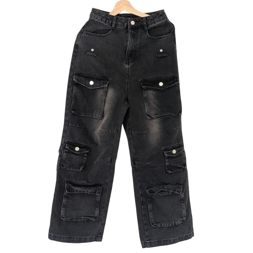 Croworld Black Cargo Denim Pants with Multiple Pockets Youth, 165/72  S